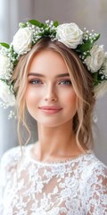 Obraz premium Blushing Bride: Portrait of a beautiful blonde woman with a delicate white floral crown, her ethereal beauty radiating joy and anticipation on her wedding day. 