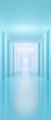 A long blue hallway with white pillars