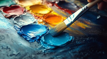 Obraz premium Close-up of a paintbrush mixing blue paint on a palette, capturing the vibrant colors and textures of an artist’s workspace in an abstract art creation process