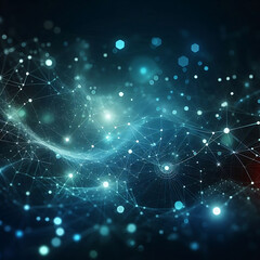 A stunning visual representation of a futuristic digital network with connecting nodes and glowing particles. Ideal for concepts of technology, AI, data analysis, and digital connectivity.