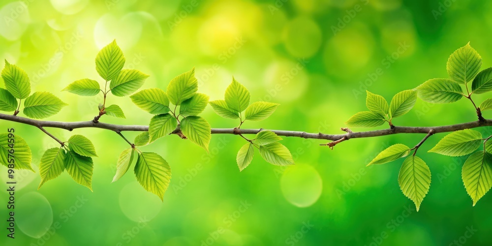 Poster Close-up of a textured tree branch with green leaves in the background