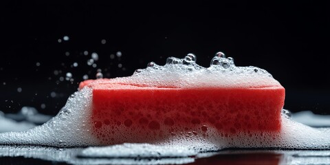 A red sponge sits in a bath of soapy water.