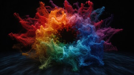 Obraz premium Dynamic abstract image featuring an explosion of colorful, swirling fibers forming a vibrant, rainbow-like structure on a dark background.