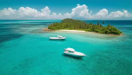 An aerial view of two boats floating on clear, turquoise waters near a small tropical island