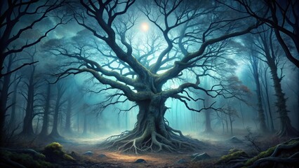Spooky tree in a dark horror forest with twisted branches and eerie atmosphere
