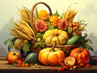 Basket with pumpkins watercolor thanksgiving background.