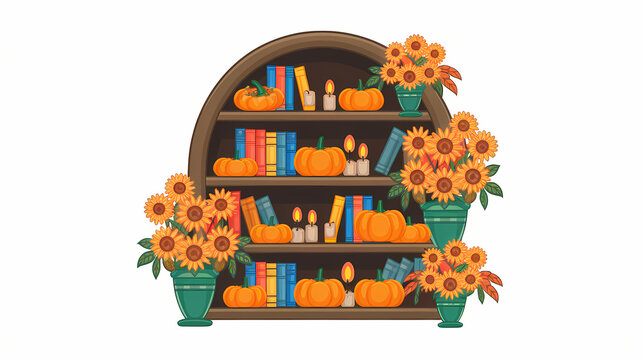 whimsical autumn themed book shelf for book lovers, isolated on white background