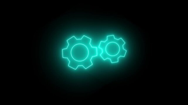 Spinning gear animation. glowing neon settings icon. Glowing neon line setting icon with spinning gears icon animation.