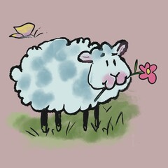 A line drawing of a white sheep standing with flowers in its mouth.on pink background.