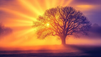 Obraz premium Majestic silhouette of a large, bare tree against a misty golden and purple sunrise, with rays of light radiating beautifully from behind, realistic background