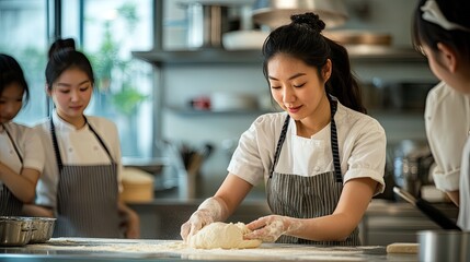 Asian Female Chef Kneading Dough in a Kitchen