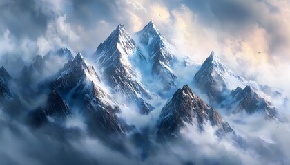 A panoramic view of a beautiful snow covered mountain covered in fog and clouds