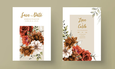 beautiful autumn floral frame wedding invitation card template