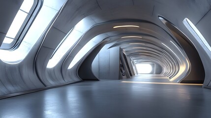 Futuristic Tunnel with Curved Walls and Light Panels