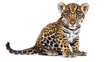 Fototapeta premium Cute Jaguar Cub Sitting on White Background