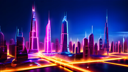 Fototapeta premium Colorful futuristic cityscape with glowing skyscrapers at night isolated on background