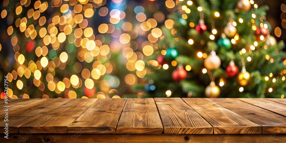 Poster Empty wooden table with a festive Christmas tree in the background featuring beautiful bokeh lights
