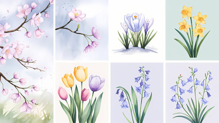 set of floral illustrations, set of bookmarks, watercolor floral bookmarks, isolated on white background 
