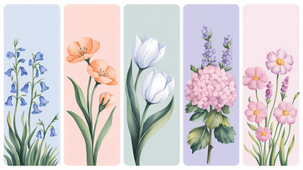 set of floral illustrations, set of bookmarks, watercolor floral bookmarks, isolated on white background 
