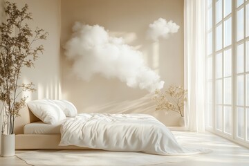 bedroom interior design, minimalist beige bedroom with serene atmosphere, soft hues, and fluffy clouds, ideal for restful sleep and relaxation