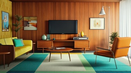 Fototapeta premium Mid-century modern living room with iconic furniture, wood paneling, and bold colors