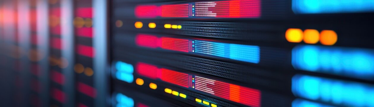 data server with colorful lights indicating activity, showcasing technology and modern networking.