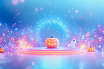 Fototapeta premium Neon platform with playful Halloween characters in a pastel space, glowing empty center
