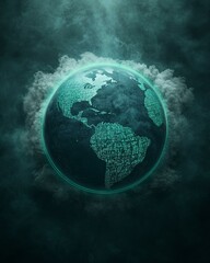 Obraz premium Digital globe with binary code, cloud background, atmospheric effect.