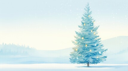Obraz premium Frosty Christmas tree decorated with glowing icicles, standing in a serene snowy field, watercolor