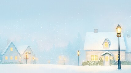 Frosty Christmas village street, soft glowing lanterns, snow-covered rooftops, peaceful atmosphere, watercolor