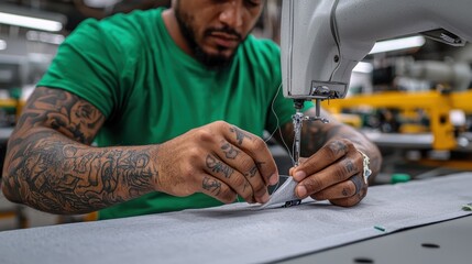 Close-up of Tattooed Inmate Working on Sewing Machine in Prison Labor Program with Copy Space for Text
