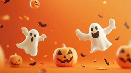 Halloween themed background featuring ghosts and pumpkins with text space on orange backdrop