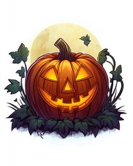 Happy Halloween Pumpkin Cartoon on White Background with Moonlight Theme