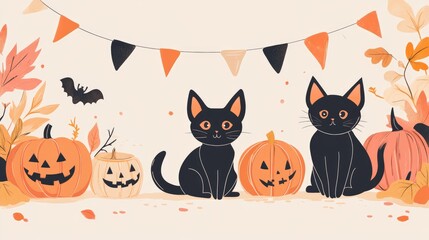 Pet friendly Halloween banner with pumpkins and decorations on a light background