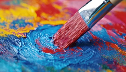 Fototapeta premium A kaleidoscope of vibrant colors pouring from a paintbrush, creating a dreamlike, fantastical scene