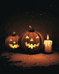 Halloween themed party invitation with pumpkins and candle light in dark atmosphere