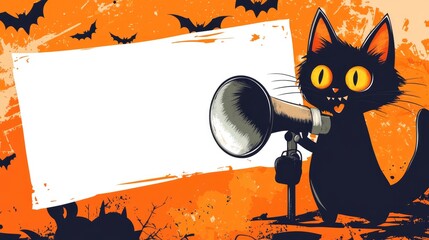 Halloween cat with megaphone behind white banner