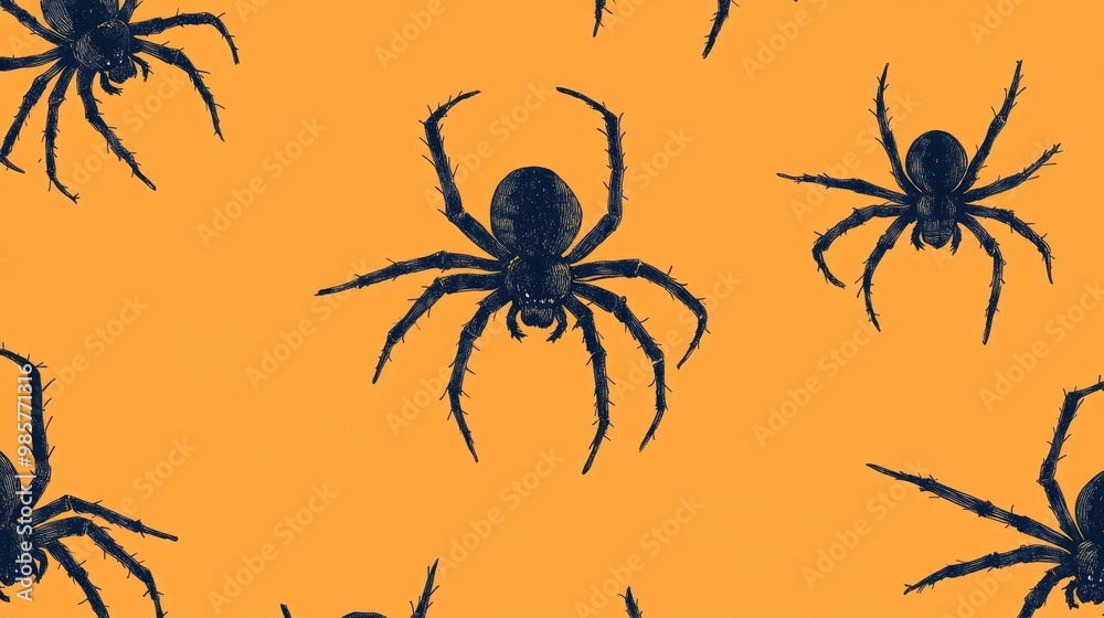 Poster Seamless pattern featuring black spider on orange background