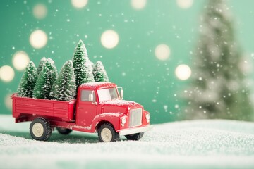 bright red toy truck full of Christmas trees on a green solid color background, snowing