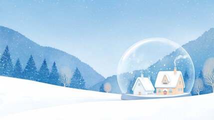 Snow globe scene, tiny Christmas village inside, gently falling snow, magical atmosphere, watercolor illustration