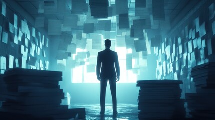 A Silhouetted Man Standing in a Room Surrounded by Paper