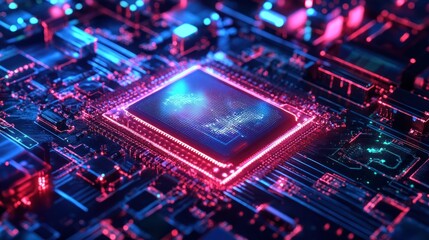 Obraz premium Close-up of a glowing blue and red circuit board with a central processor
