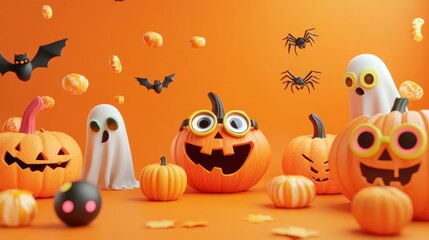 Fototapeta premium Colorful Halloween imagery with pumpkins ghosts spiders and fun eyewear on an orange backdrop
