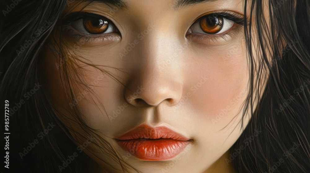 Canvas Prints Close-up Portrait of a Woman with Dark Hair and Brown Eyes