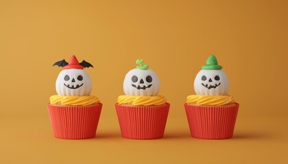 Cute Halloween cupcakes with smiling faces and colorful toppings, 3D illustration