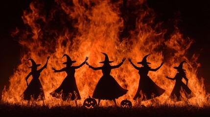 Silhouette Witches Dancing Around Bonfire