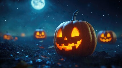 Glowing Jack O Lanterns Under Moonlight In A Spooky Night Scene