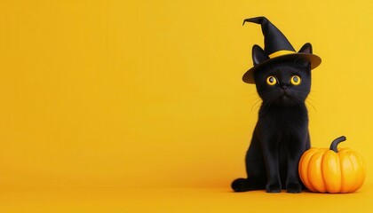Cute black cat with a witch hat, sitting on a pumpkin, open space for text, 3D illustration