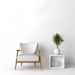 White armchair with wooden legs in a minimalist living room