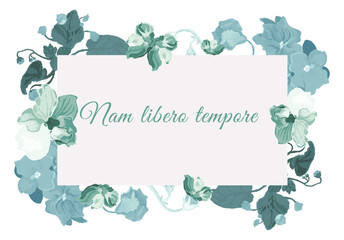 Tinted flowers are put around a rectangular shape on a white background. Frame made from the parts of African violets in bloom with the paper sheet in the center. Floral frame for any design ideas.